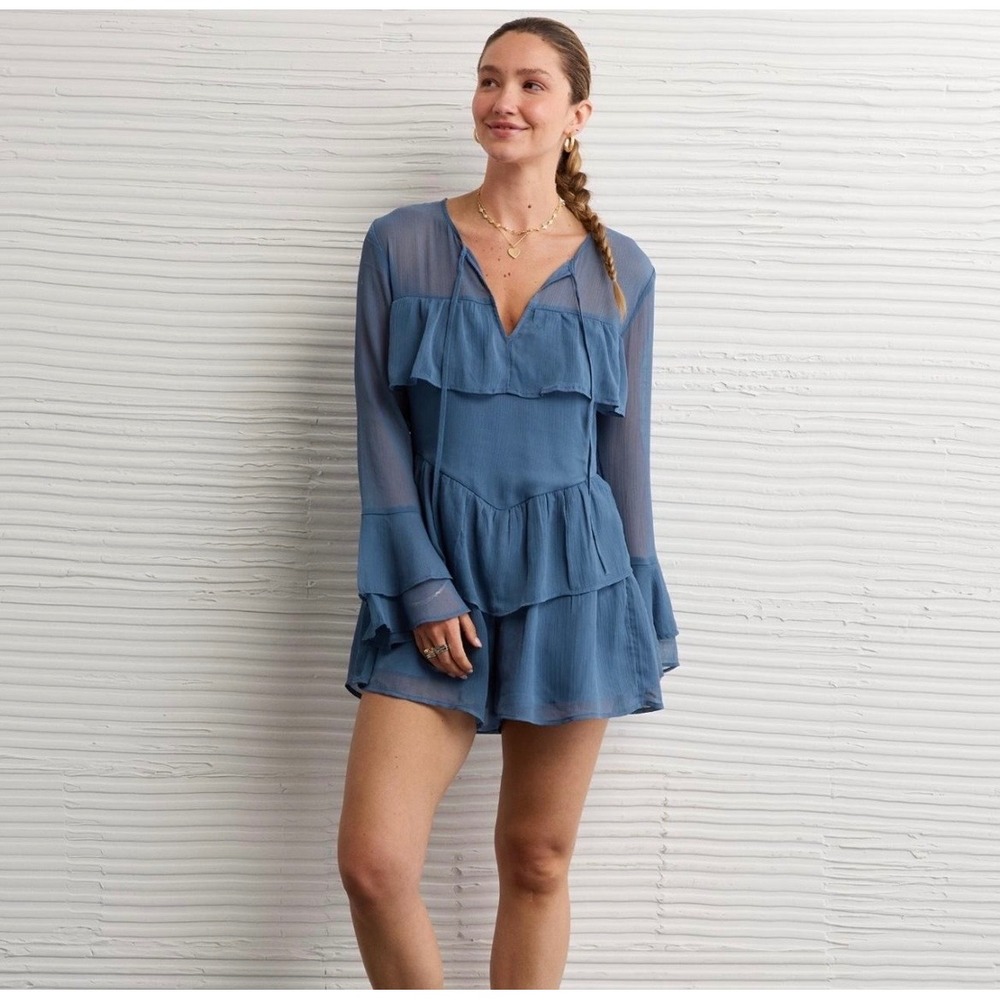 American‎ Eagle Ruffle Tiered Romper Blue Boho Festival Bell Sleeve Dressy Large